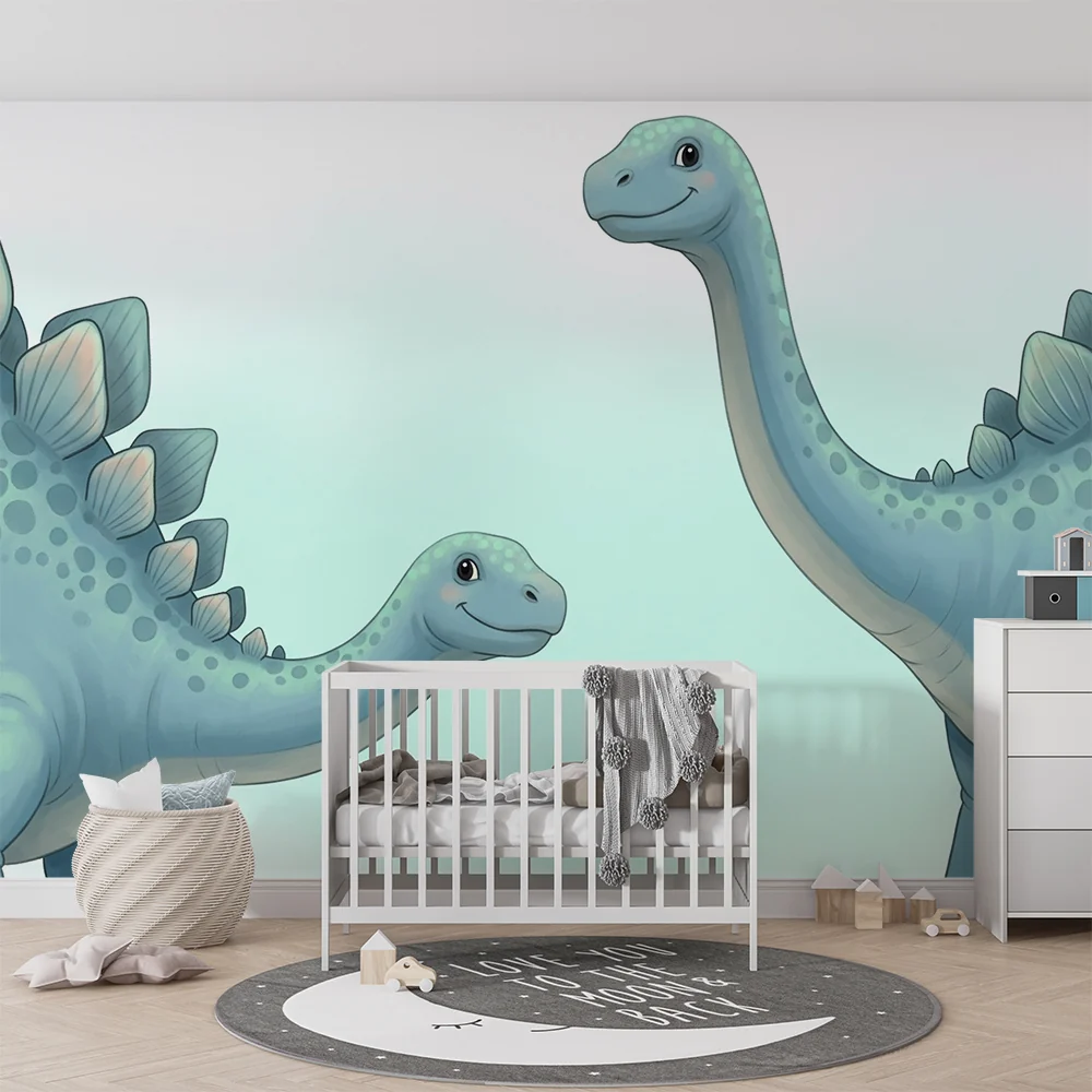 Lastenhuoneen tapetti | kaksi hymyilevää dinosaurusia rauhoittavassa ympäristössä