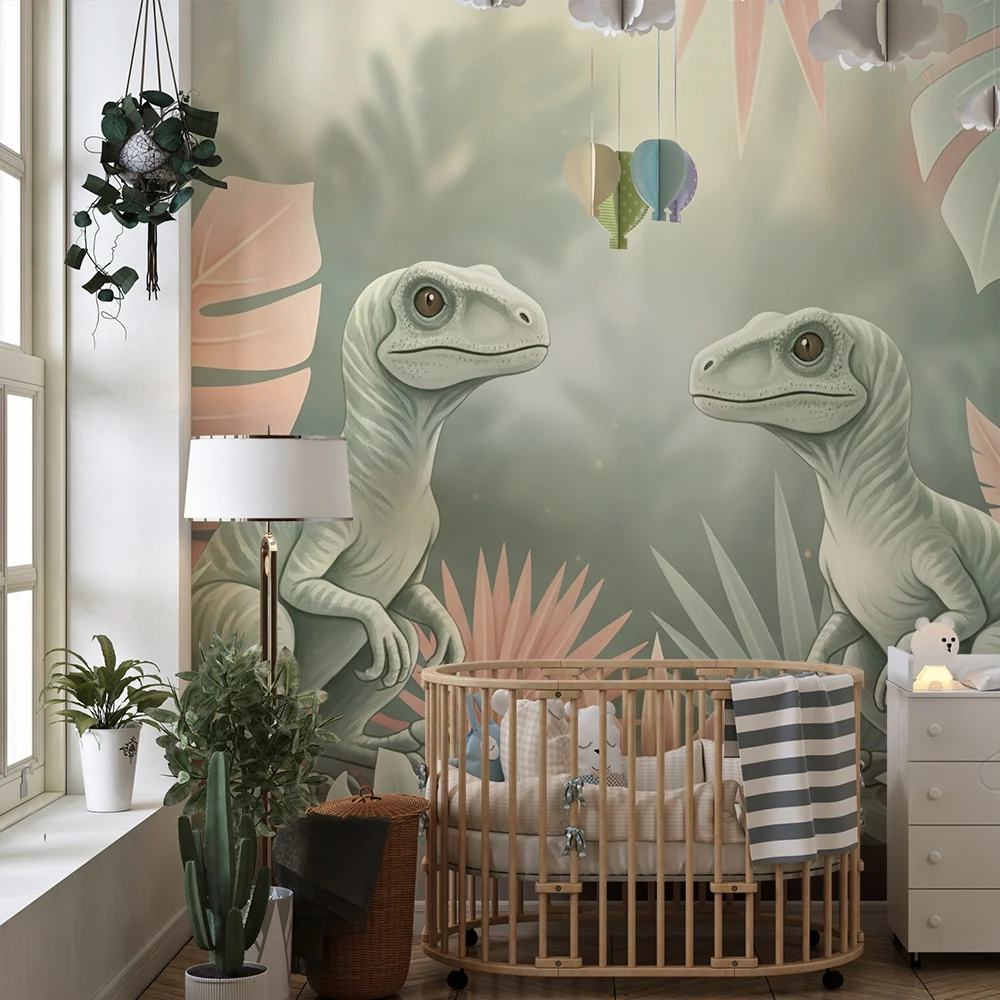 Lastenhuoneen tapetti | kaksi pientä dinosaurusta värikkäässä viidakossa