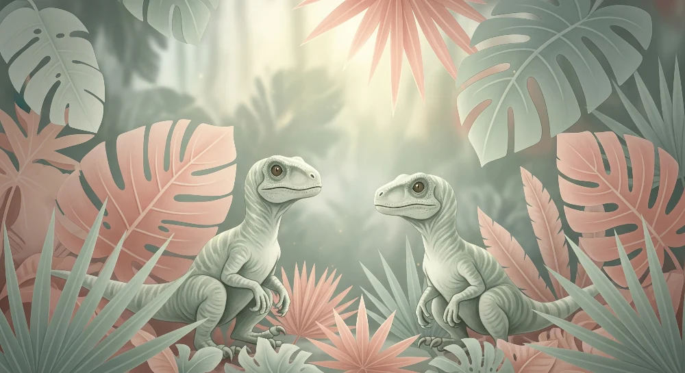 Lastenhuoneen tapetti | kaksi pientä dinosaurusta värikkäässä viidakossa