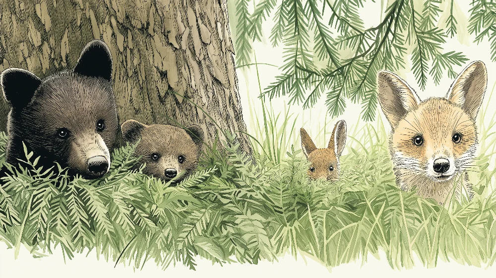Lastenhuoneen tapetti | Karhu ja kettu vihreässä metsässä