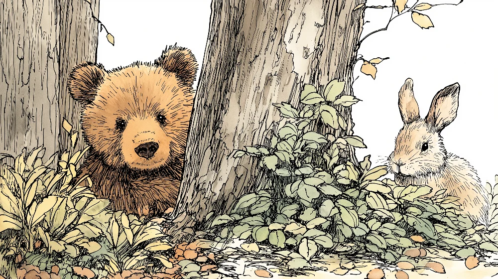 Lastenhuoneen tapetti | Karhu ja pupu lumotussa metsässä