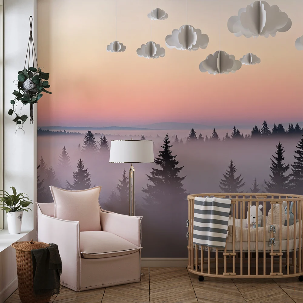 Lastenhuoneen tapetti | Kaunis sumuinen metsä auringonnousun aikaan