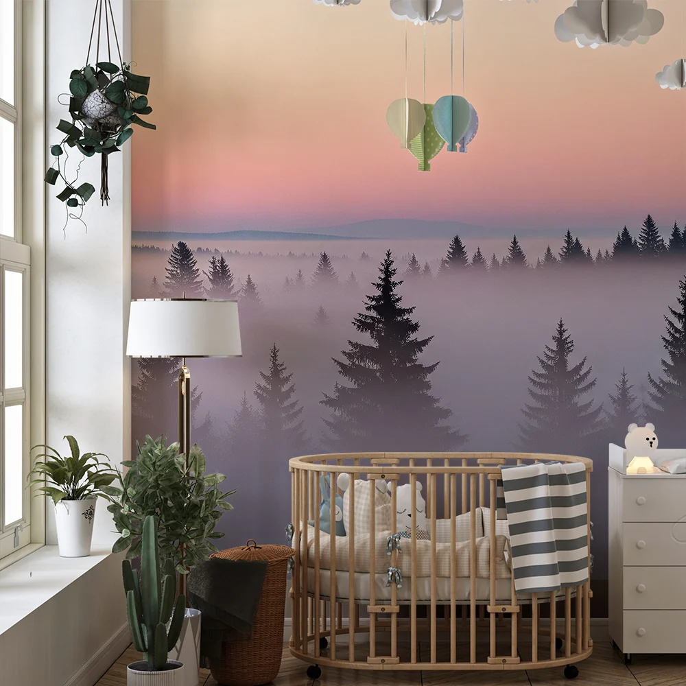 Lastenhuoneen tapetti | Kaunis sumuinen metsä auringonnousun aikaan