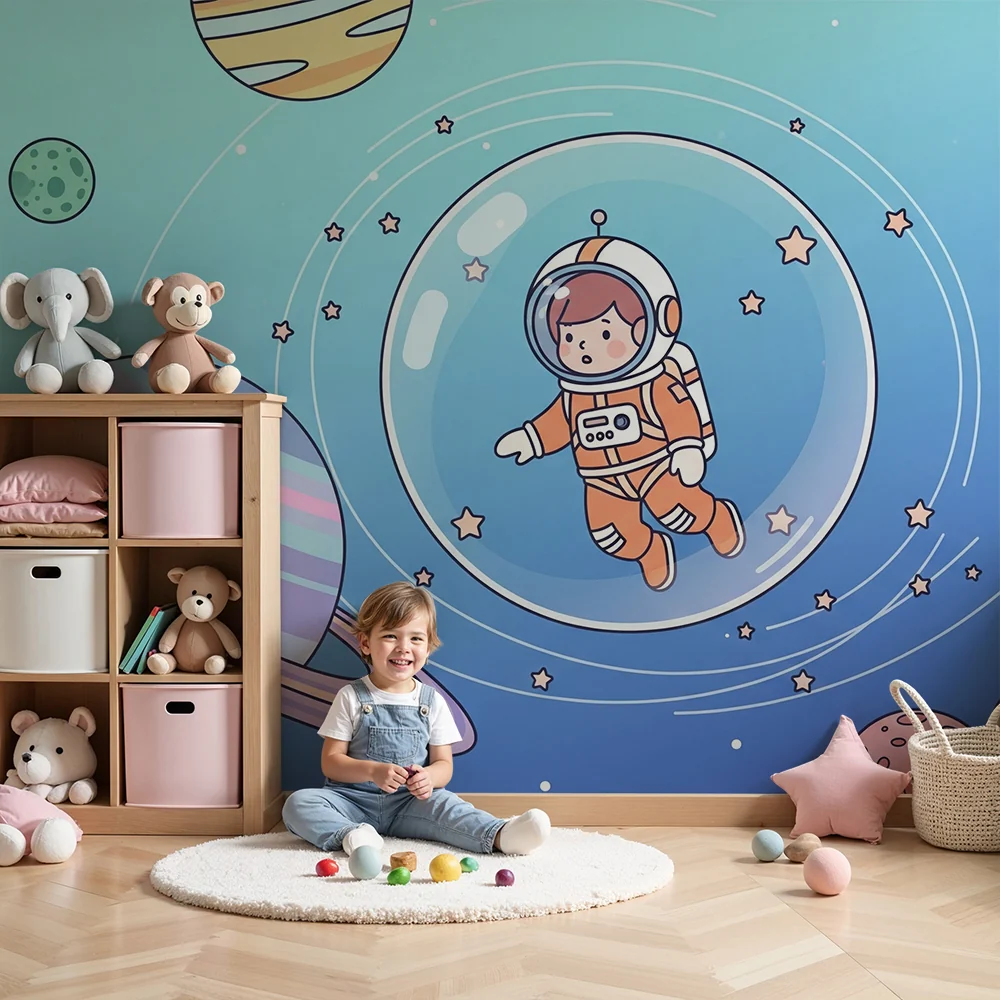 Lastenhuoneen tapetti | Kelluva astronautti värikkäässä universumissa