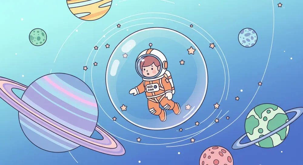 Lastenhuoneen tapetti | Kelluva astronautti värikkäässä universumissa