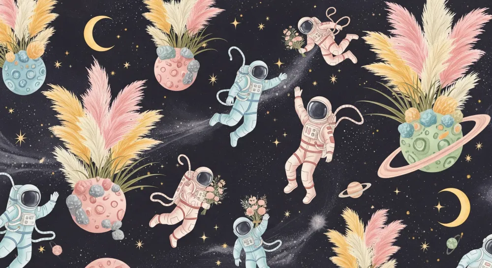 Lastenhuoneen tapetti | Kelluvat astronautit ja värikkäät planeetat avaruudessa