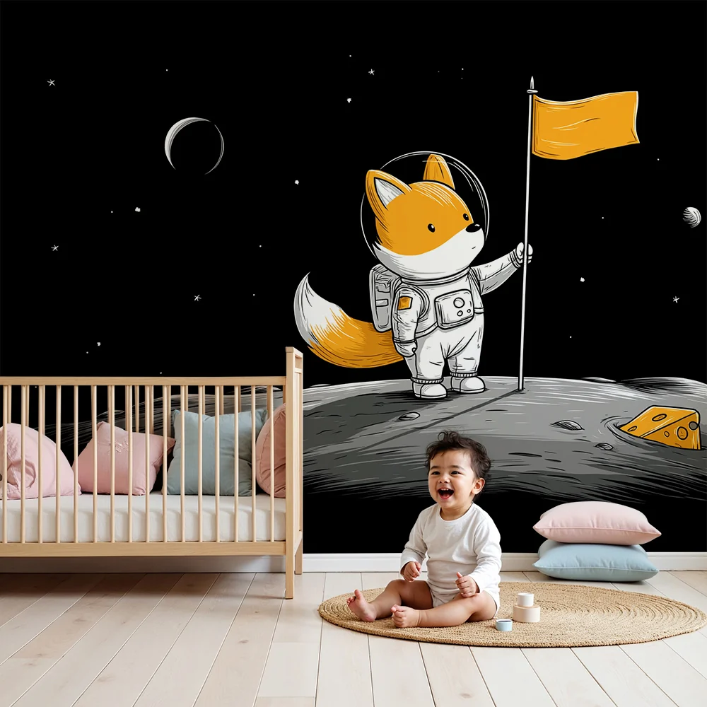 Lastenhuoneen tapetti | Kettu astronauttina kuussa lipun ja juuston kanssa