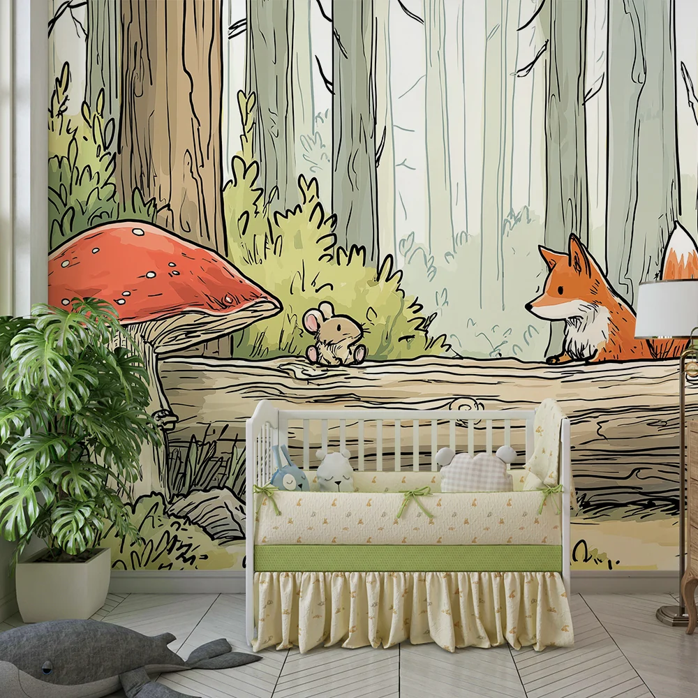 Lastenhuoneen tapetti | Kettu ja hiiri lumotussa metsässä