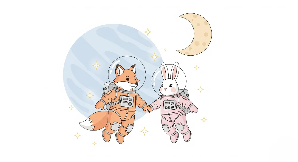 Lastenhuoneen tapetti | Kettu ja jänis astronautteina avaruudessa