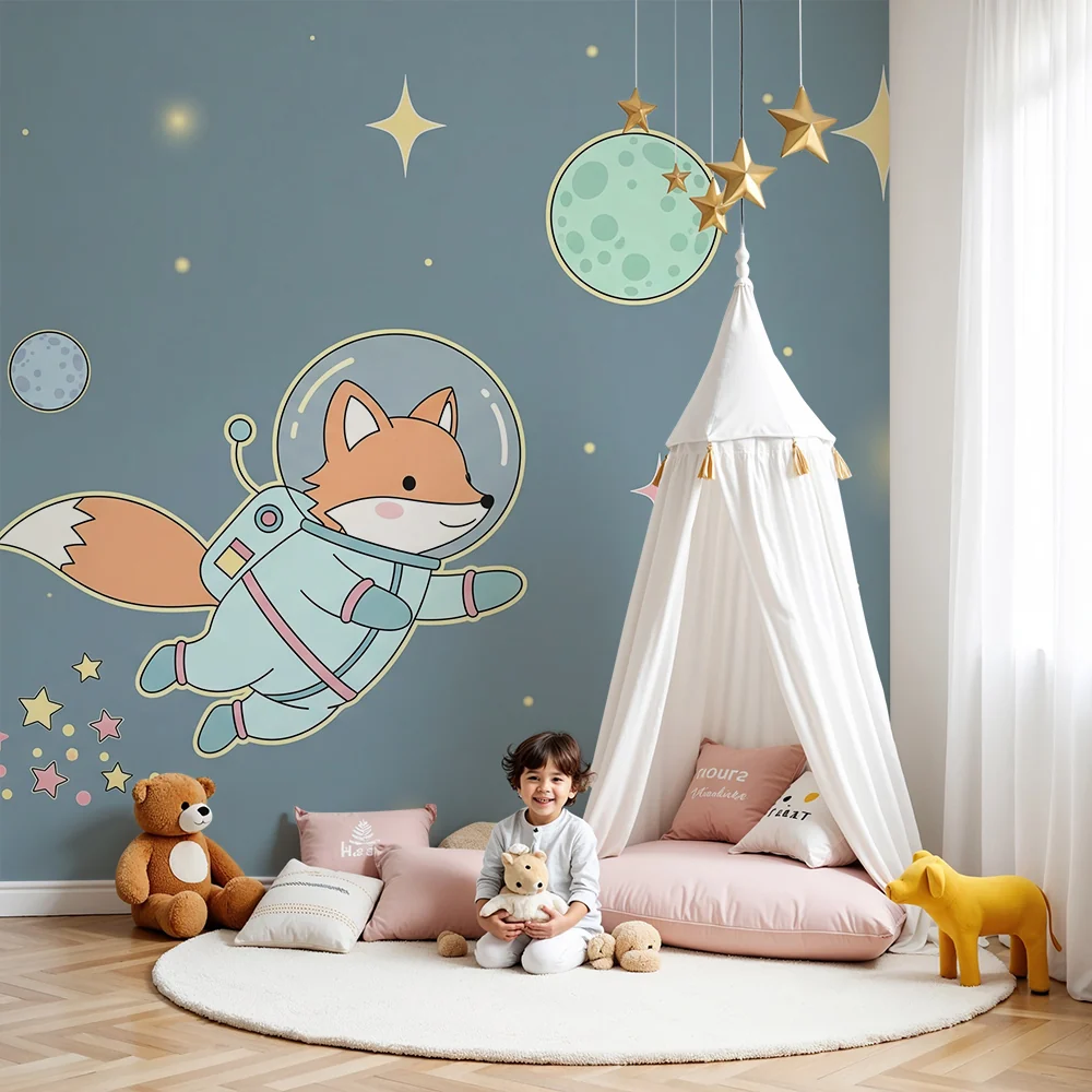 Lastenhuoneen tapetti | Kettu-astronautti tutkii värikästä avaruutta