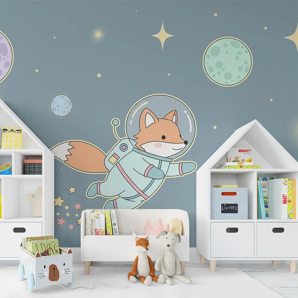 Lastenhuoneen tapetti | Kettu-astronautti tutkii värikästä avaruutta