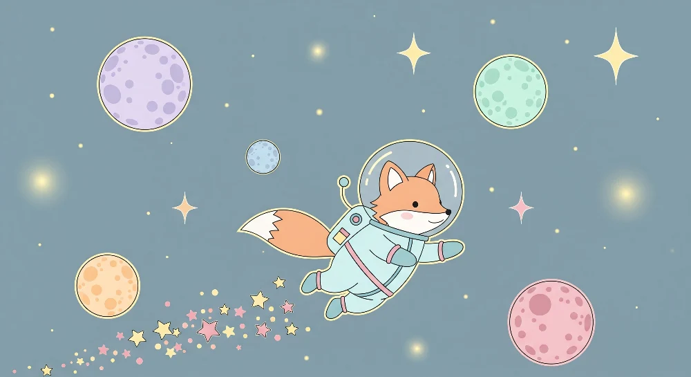 Lastenhuoneen tapetti | Kettu-astronautti tutkii värikästä avaruutta