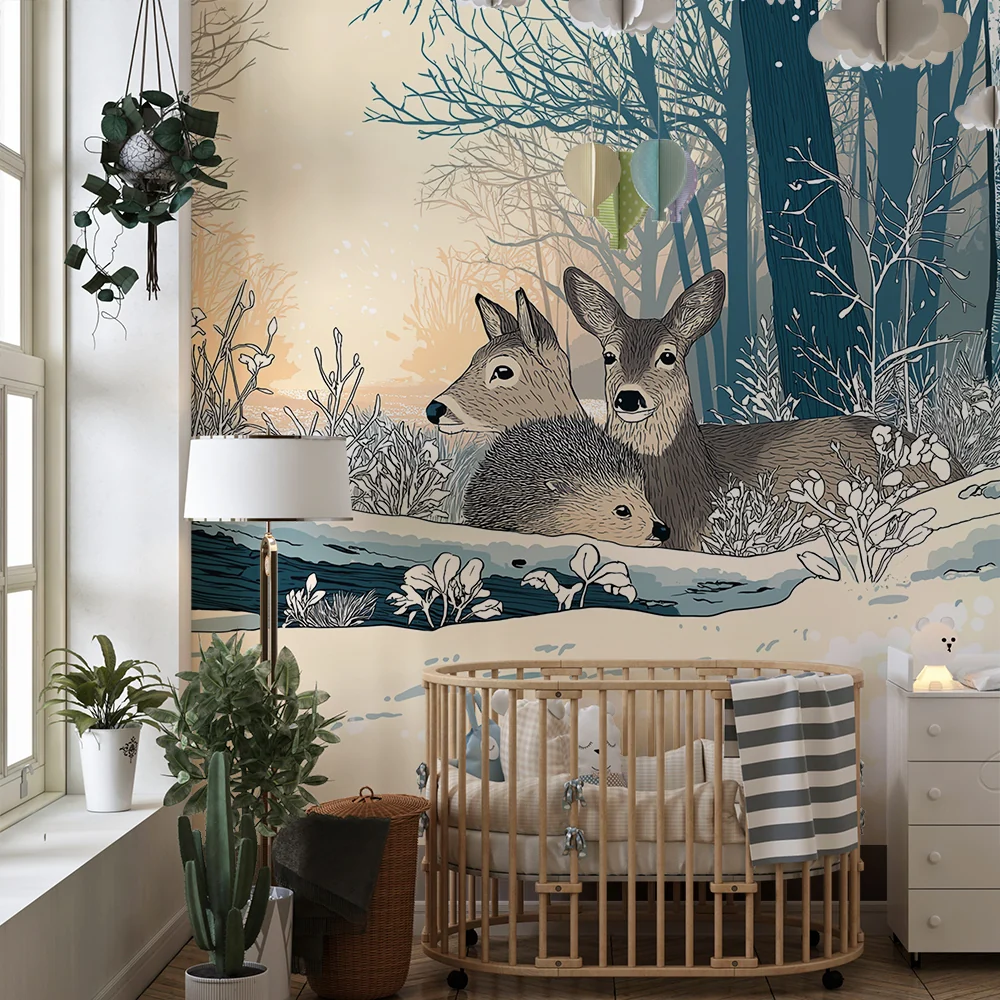 Lastenhuoneen tapetti | Ketut ja talvinen eläimistö lumisessa maisemassa
