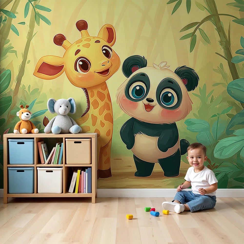 Lastenhuoneen tapetti | Kirahvi ja panda lumoavassa viidakossa