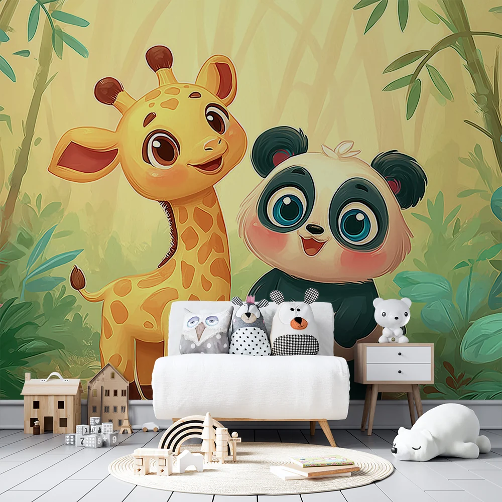 Lastenhuoneen tapetti | Kirahvi ja panda lumoavassa viidakossa