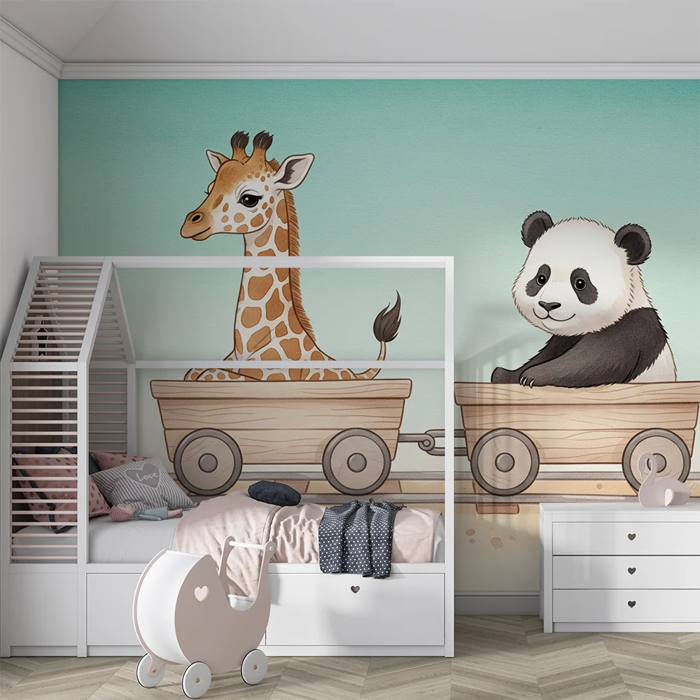 Lastenhuoneen tapetti | Kirahvi ja panda vaunussa