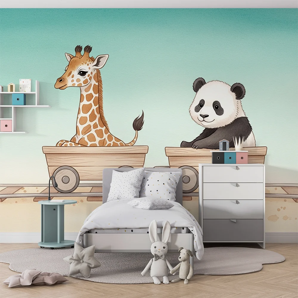 Lastenhuoneen tapetti | Kirahvi ja panda vaunussa