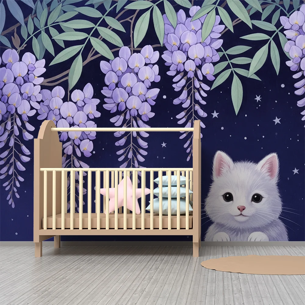 Lastenhuoneen tapetti | Kissanpentu tähtisissä wisterioissa