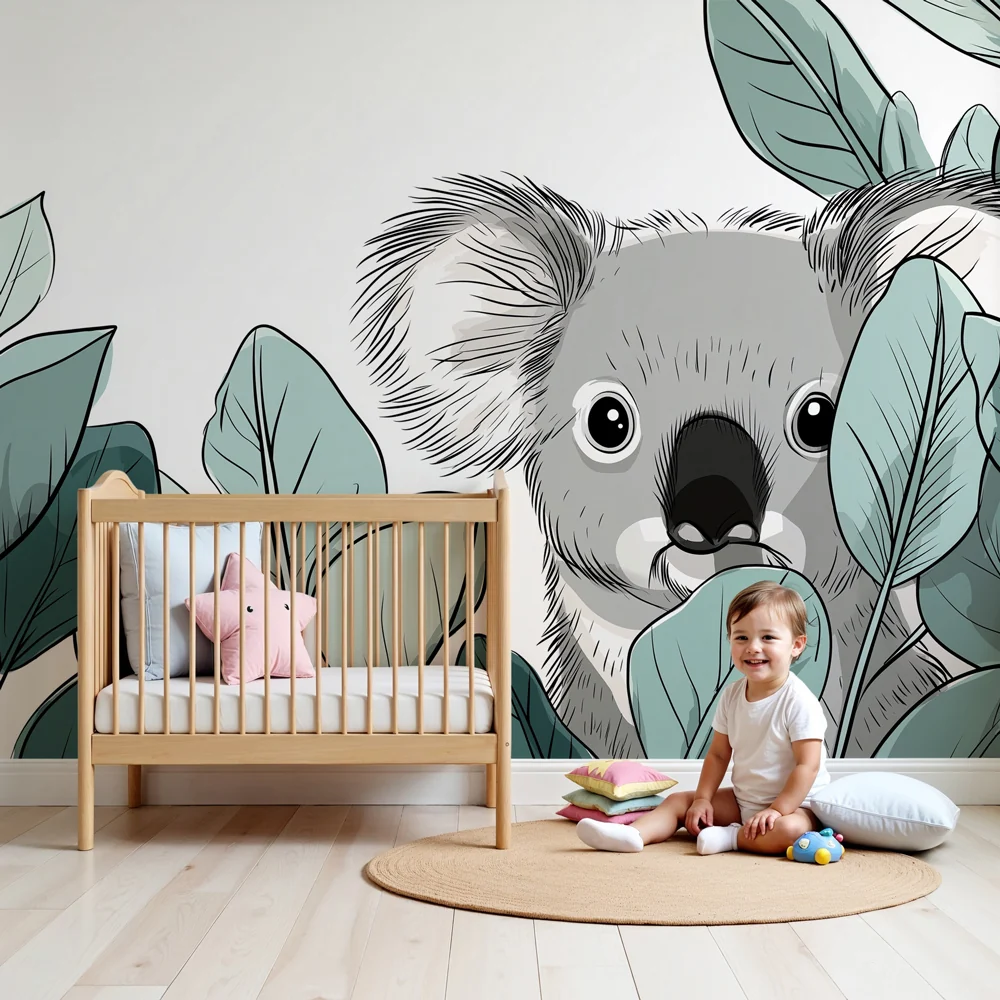 Lastenhuoneen tapetti | Söpö koala lehtien keskellä
