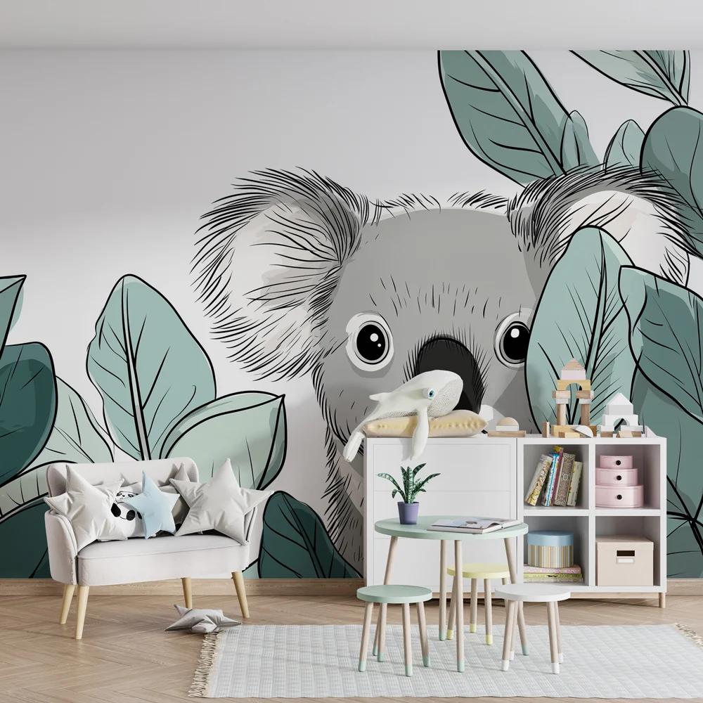 Lastenhuoneen tapetti | Söpö koala lehtien keskellä