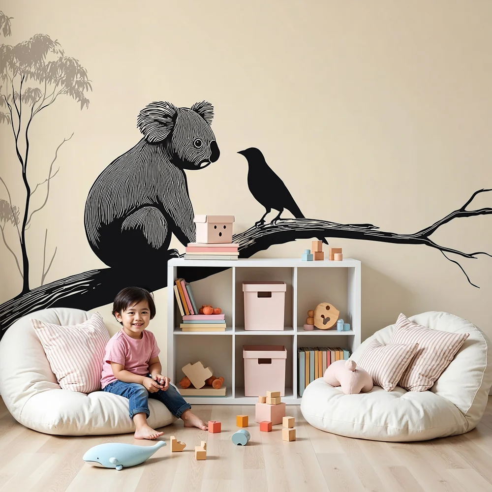 Lastenhuoneen tapetti | Koala ja lintu oksalla minimalistisessa tyylissä