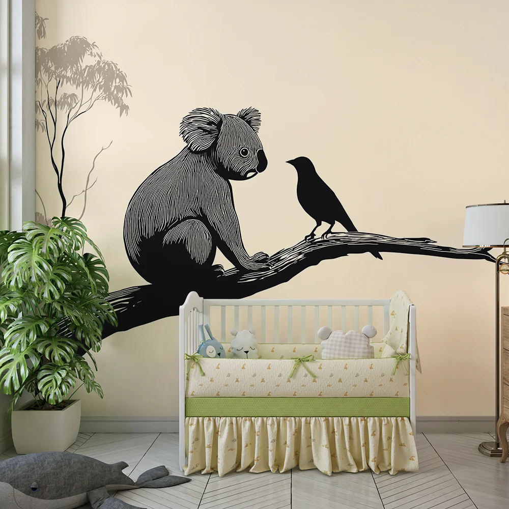 Lastenhuoneen tapetti | Koala ja lintu oksalla minimalistisessa tyylissä