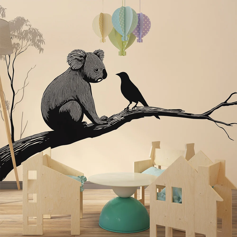 Lastenhuoneen tapetti | Koala ja lintu oksalla minimalistisessa tyylissä