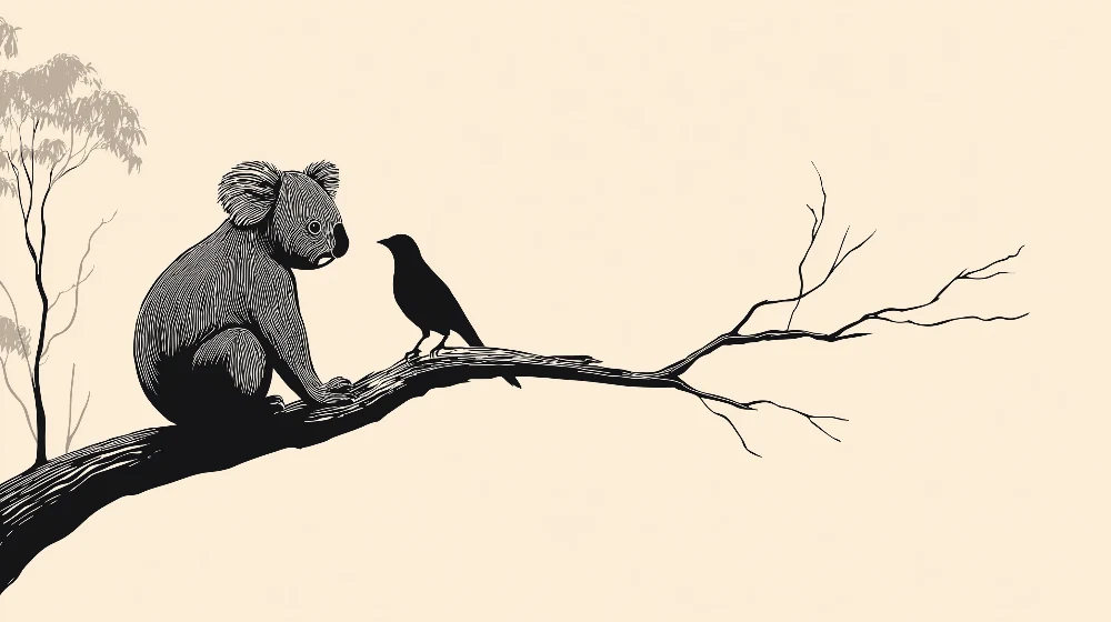 Lastenhuoneen tapetti | Koala ja lintu oksalla minimalistisessa tyylissä