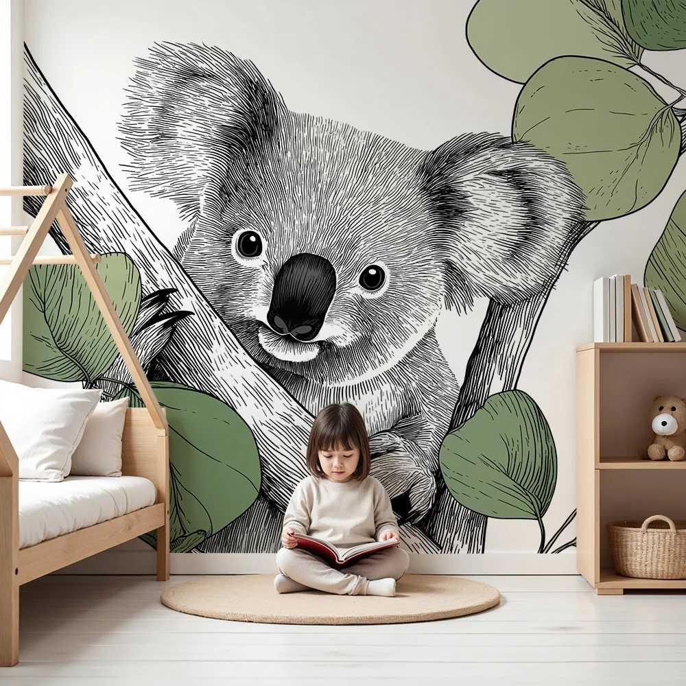 Lastenhuoneen tapetti | Söpö koala oksalla herkän lehtien kanssa