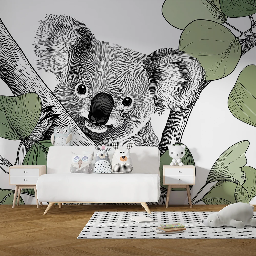 Lastenhuoneen tapetti | Söpö koala oksalla herkän lehtien kanssa