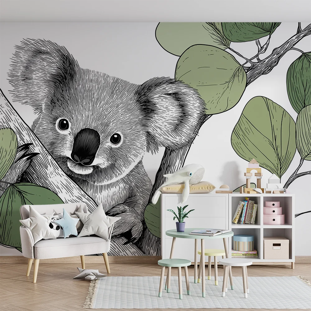 Lastenhuoneen tapetti | Söpö koala oksalla herkän lehtien kanssa