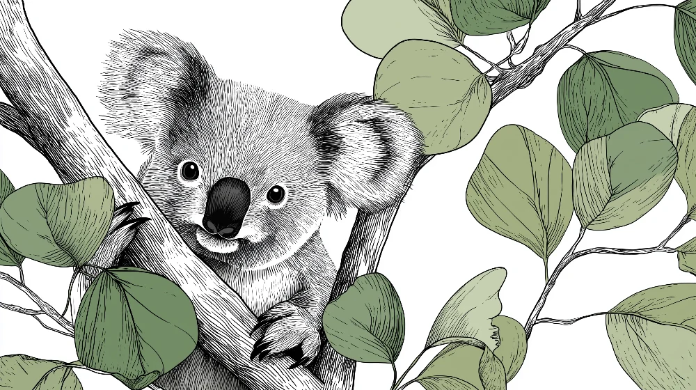 Lastenhuoneen tapetti | Söpö koala oksalla herkän lehtien kanssa