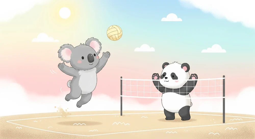 Lastenhuoneen tapetti | Koala ja panda pelaavat rantapalloa