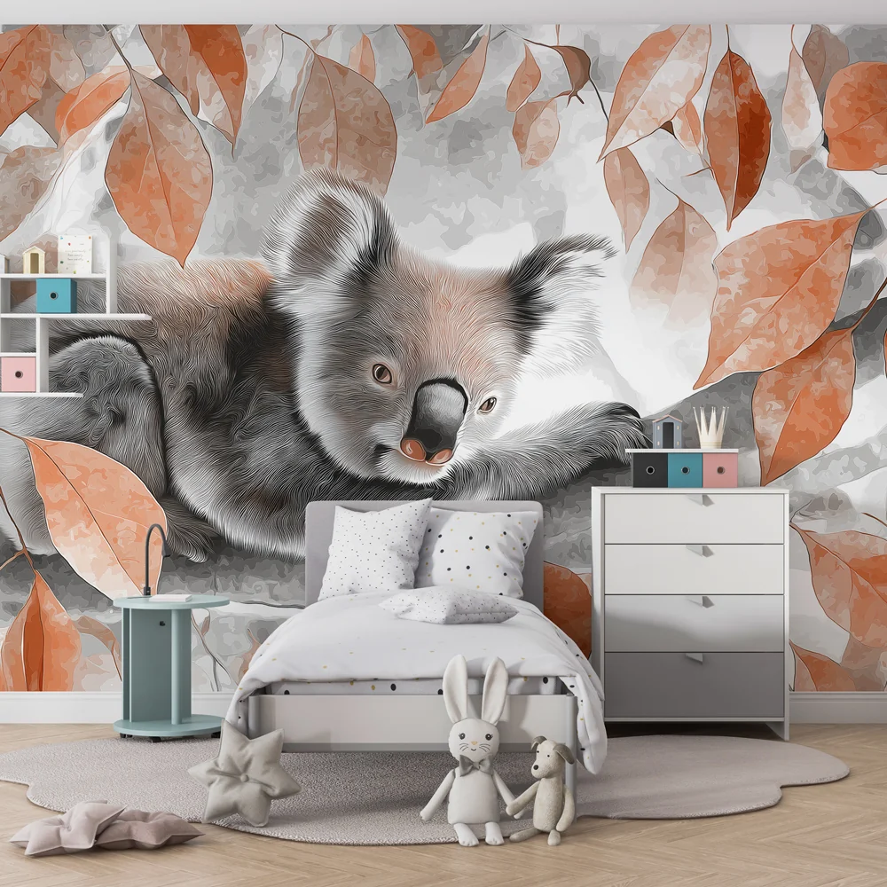 Lastenhuoneen tapetti | Kodikas koala lehtiensä keskellä