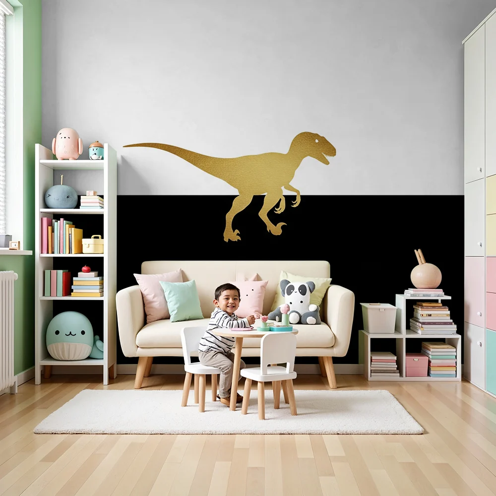 Lastenhuoneen tapetti | Kultainen dinosaurusten kuva mustalla ja valkoisella taustalla