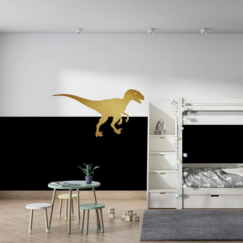 Lastenhuoneen tapetti | Kultainen dinosaurusten kuva mustalla ja valkoisella taustalla