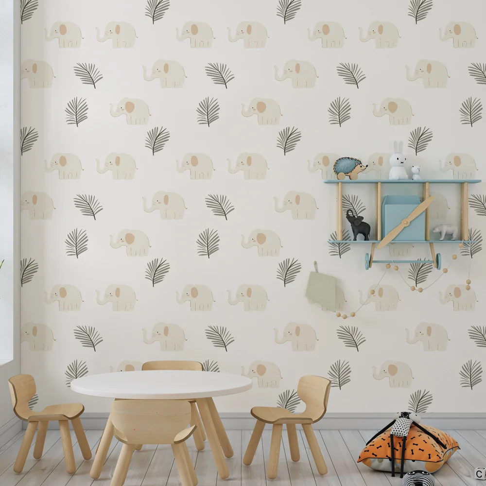Lastenhuoneen tapetti kuvioilla | Tyylikkäät elefantit ja pehmeät lehdet