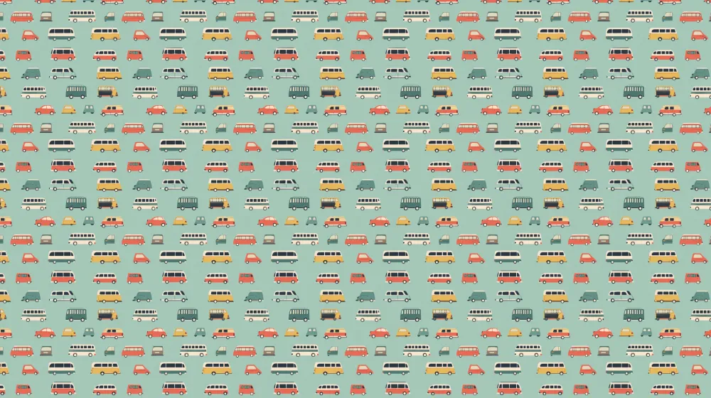 Lastenhuoneen tapetti kuvioilla | Värikkäitä autoaiheisia kuvioita pastellisella taustalla