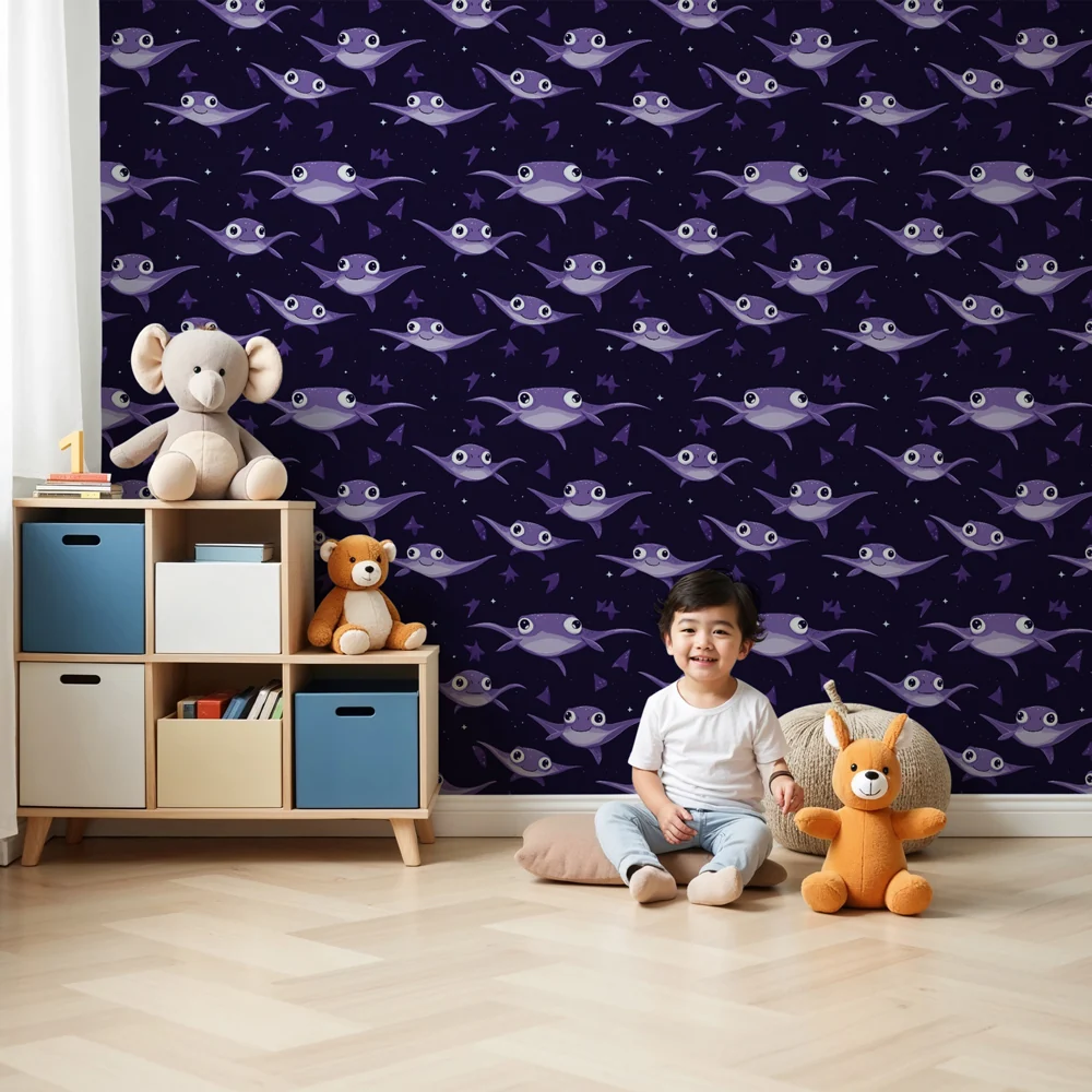 Lastenhuoneen tapetti kuviolla | Söpöt kalat violetilla tähtitaustalla