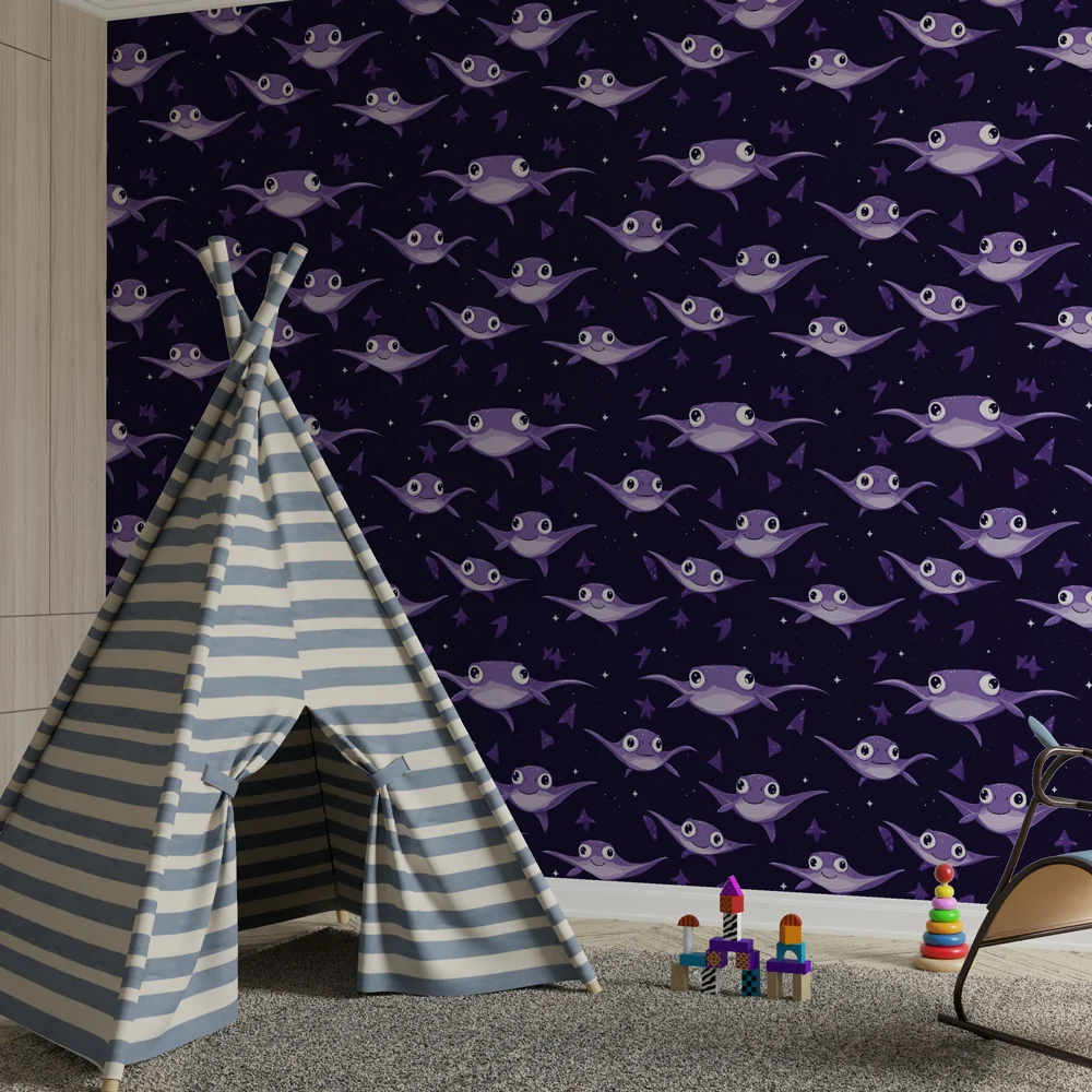 Lastenhuoneen tapetti kuviolla | Söpöt kalat violetilla tähtitaustalla
