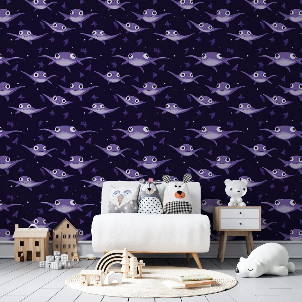 Lastenhuoneen tapetti kuviolla | Söpöt kalat violetilla tähtitaustalla