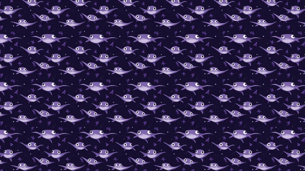 Lastenhuoneen tapetti kuviolla | Söpöt kalat violetilla tähtitaustalla