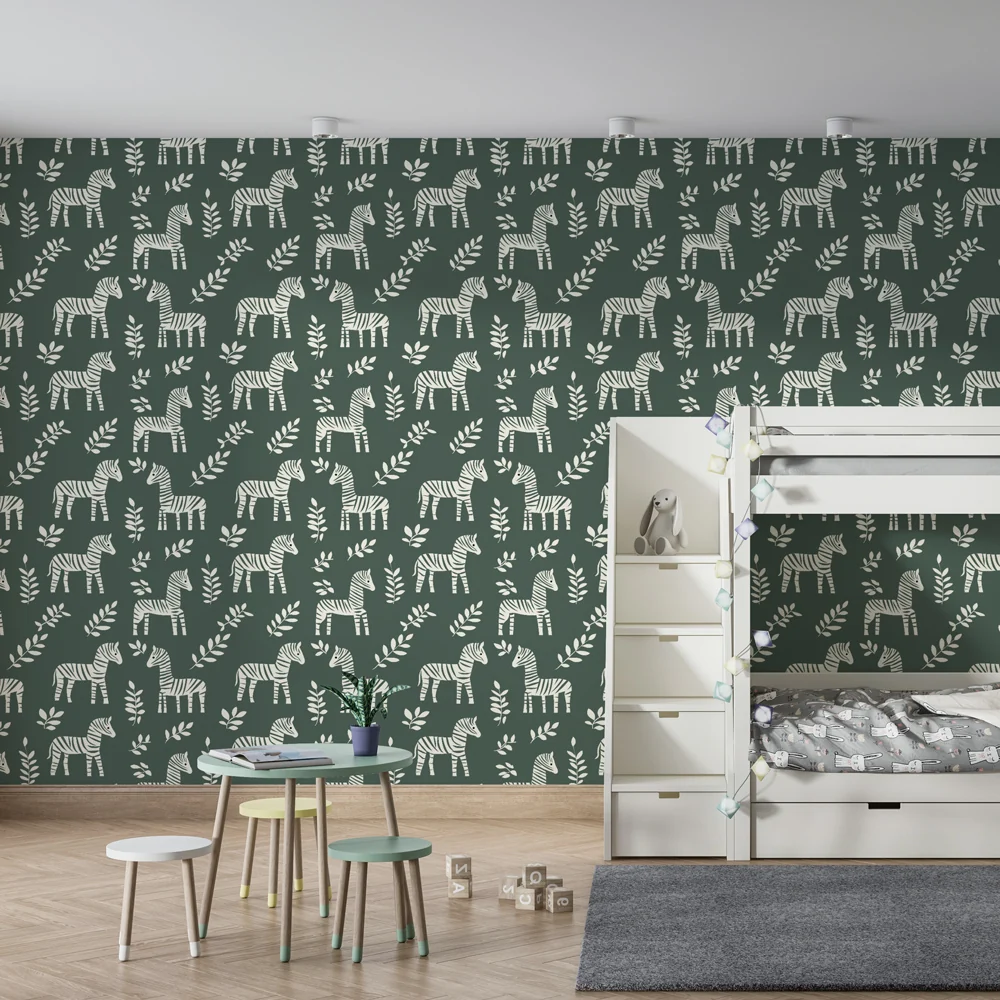 Lastenhuoneen tapetti kuviolla | Upea seeprakuvio lehtineen