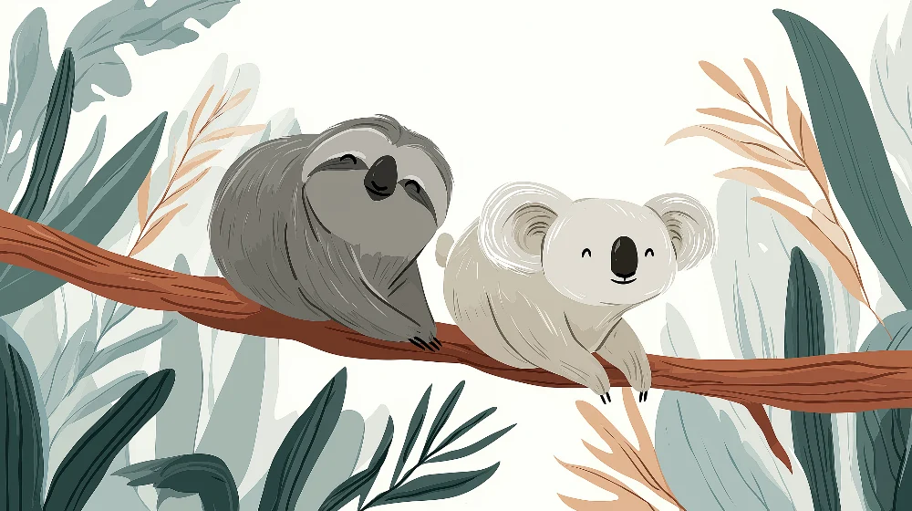 Lastenhuoneen tapetti | Laiska ja koala oksalla keskellä kasvillisuutta