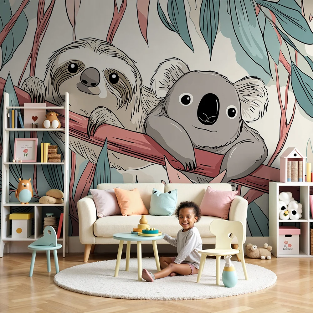 Lastenhuoneen tapetti | Laiska ja koala oksalla lehtien keskellä