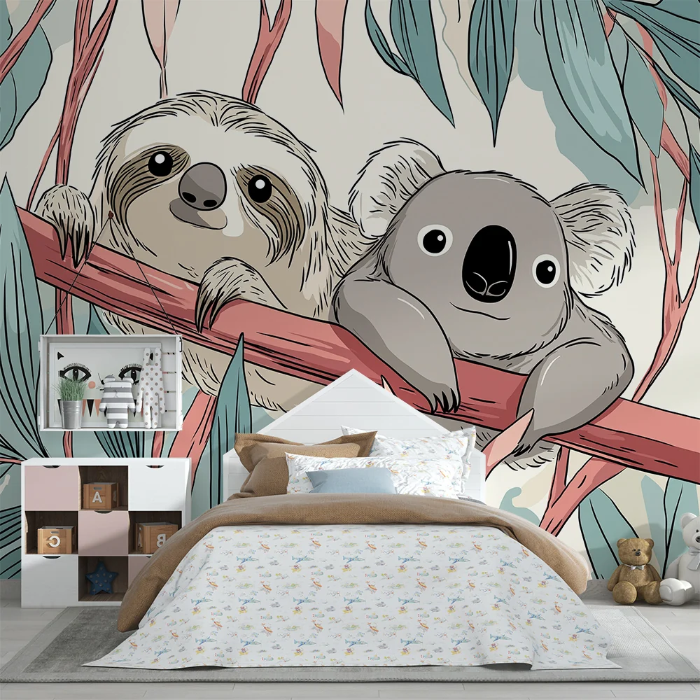 Lastenhuoneen tapetti | Laiska ja koala oksalla lehtien keskellä