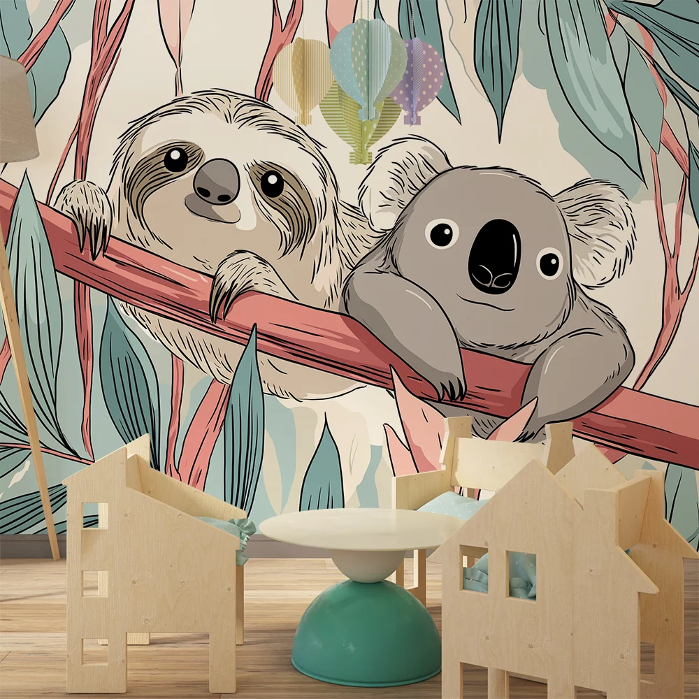 Lastenhuoneen tapetti | Laiska ja koala oksalla lehtien keskellä