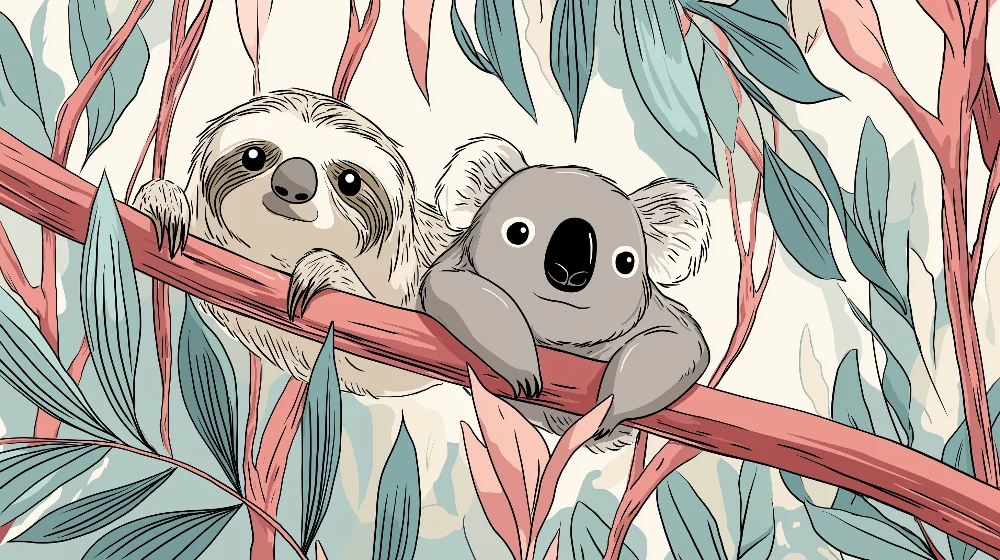 Lastenhuoneen tapetti | Laiska ja koala oksalla lehtien keskellä
