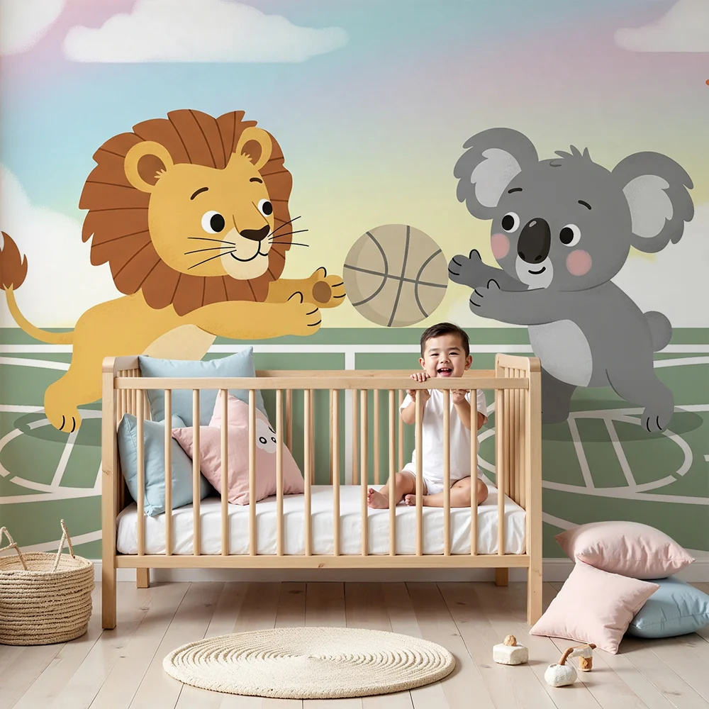 Lastenhuoneen tapetti | Leijona ja koala koripallossa