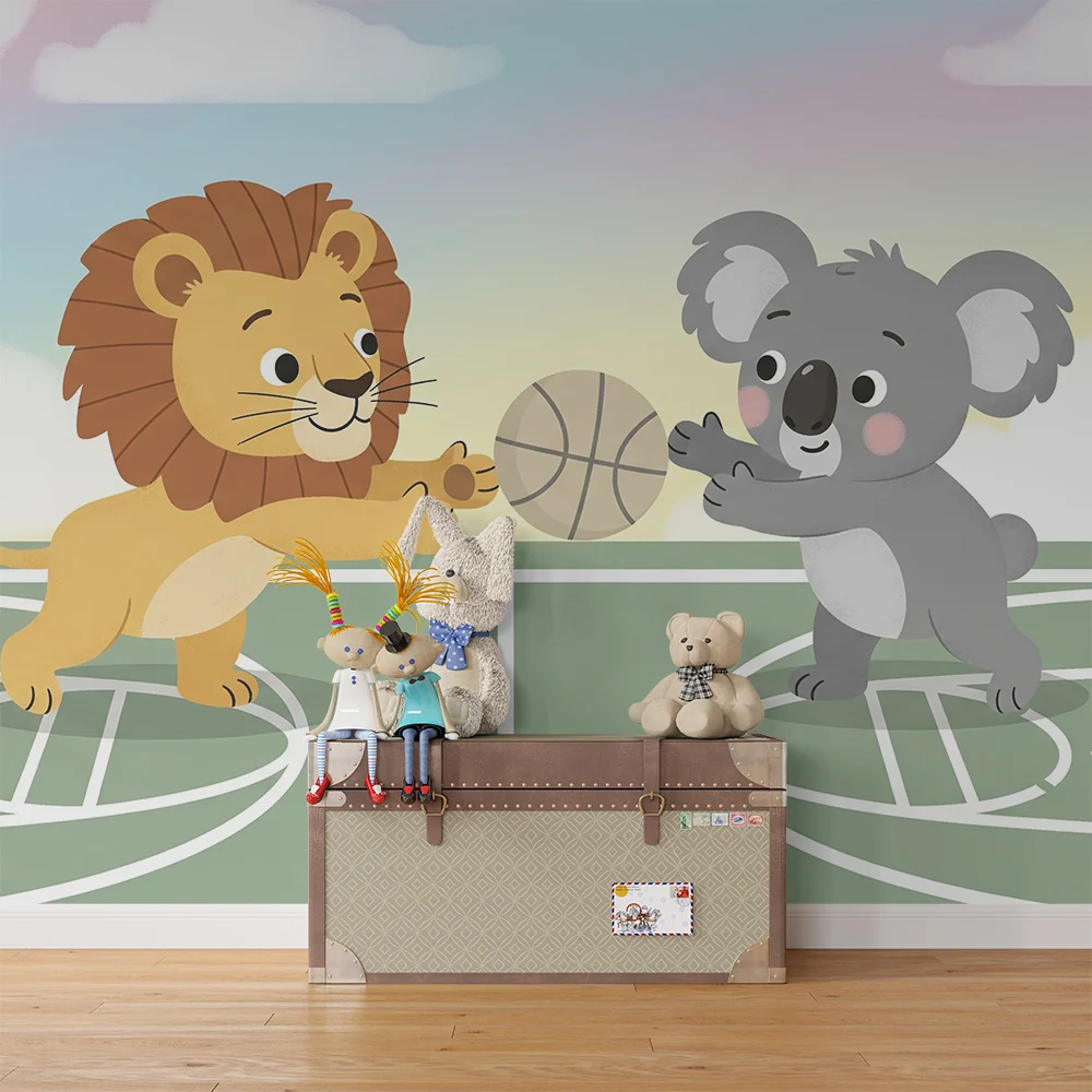 Lastenhuoneen tapetti | Leijona ja koala koripallossa